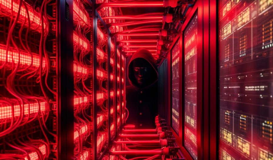 A red server room with a mysterious figure at its centre