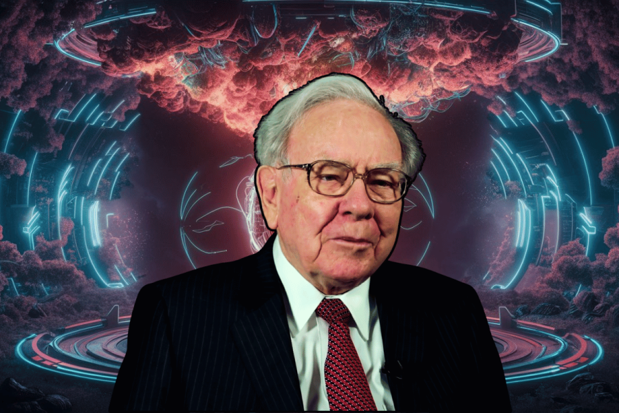 Warren Buffett compares misused AI to nuclear weapons. This image features Warren Buffett, portrayed against a dramatic background of swirling cosmic and technological elements. The background suggests a blend of outer space and futuristic technology, with vibrant reds and blues that contrast sharply with his calm, composed expression. This juxtaposition visually represents the tension between human leadership and the overwhelming force of advancing technology, reflecting Buffett's concerns about the potential dangers of artificial intelligence.