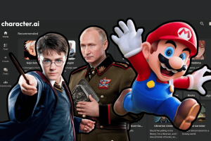 What is Character.AI How to create your own chatbots and use the old version. The image showcases the homepage of Character.AI featuring a variety of chatbot characters from different genres and backgrounds. Featured characters include Harry Potter with a wand, a military figure resembling Vladimir Putin, and Super Mario in his classic pose. This diverse selection highlights the platform's capability to create and interact with fictional and real-life inspired AI chatbots.