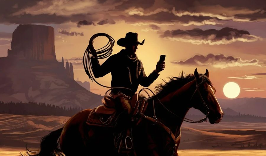 A cowboy rides into the Wyoming night with a lasso in one hand and a phone in the other
