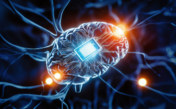 A high-quality close-up cinematic shot of a futuristic brain chip, nestled in the human brain's complex neural network. The brain chip, with intricate circuits and wires, pulses with a vibrant blue light. The background is dark, emphasizing the illumination of the chip and creating a sense of mystery and intrigue. Surrounding the chip are glowing orbs of energy, hinting at the potential power and capabilities of this advanced technology.