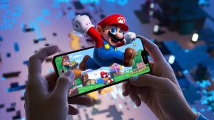An AI-generated image of Super Mario leaping out of a smartphone.