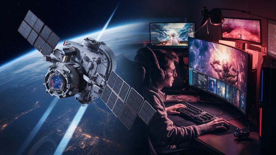 high tech spy satellite in contrast to a person gaming at multiple screens