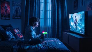 A dimly lit bedroom scene featuring a young boy engrossed in playing a video game on a large screen with a gaming console. The room is adorned with posters of popular video game characters and a bed covered with gaming-themed bedding. The window curtains are drawn, casting an eerie ambiance, while a neon-colored gaming controller lights up in the boy's hand.