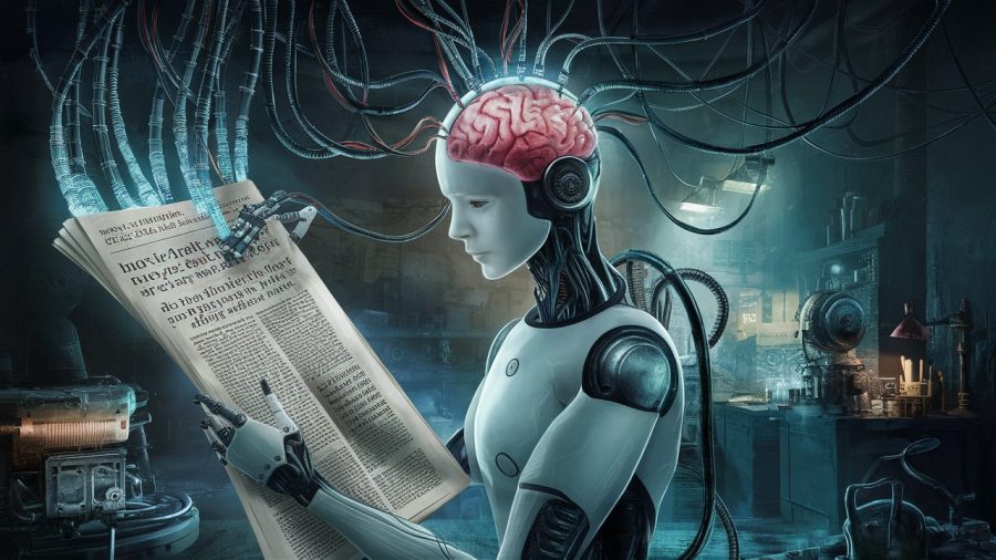 A futuristic scene of a highly advanced robot with a brain-like central unit, absorbing words from a newspaper through a complex network of wires and sensors. The background reveals a dimly lit, cluttered laboratory with various mechanical parts and inventions. The atmosphere is a mix of steampunk and cyberpunk, with a sense of wonder and curiosity.