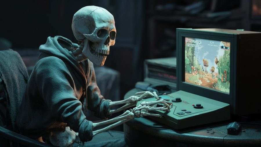 An AI-generated image of a skeleton playing video games