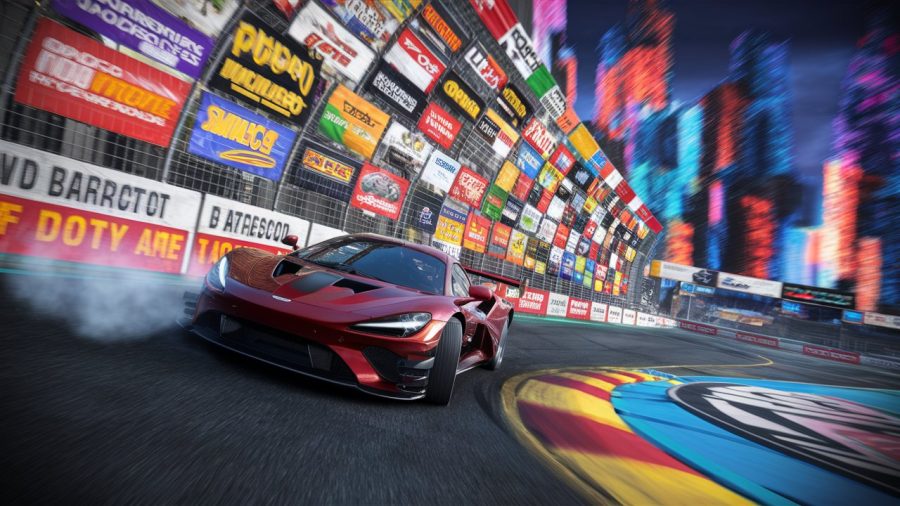 An AI-generated image of a racing game packed full of advertising