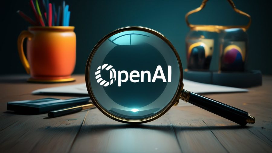 a magnifying glass on a table, with the OpenAI logo inside the lens