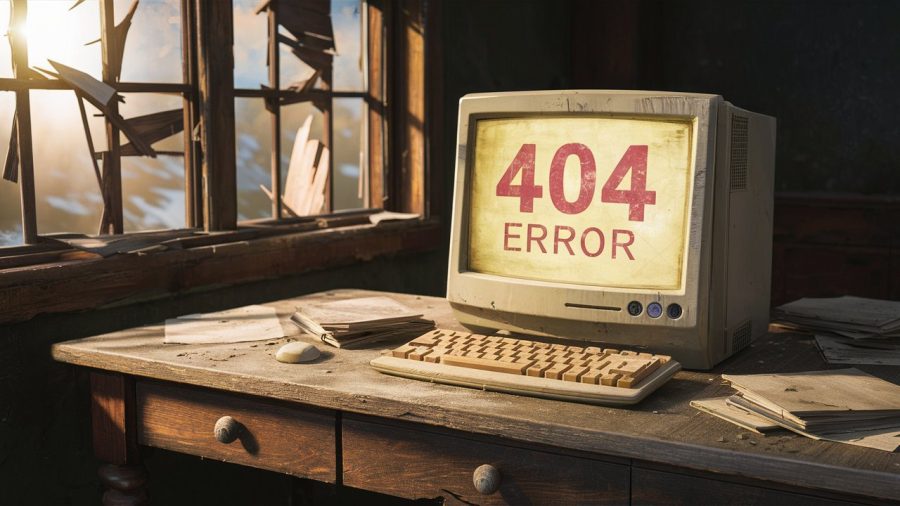 A realistic depiction of an old, worn-out room with a computer on a wooden table. The table is covered with dust and has a few scattered papers and books. The computer, with its yellowed screen, displays the words "404 Error" in bold, red letters. The room is dimly lit, with sunlight peeking through broken windows, casting a melancholic atmosphere.