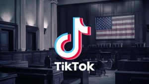 a tiktok logo in front of an empty courtroom which has a US flag on one of its walls, vibrant, cinematic