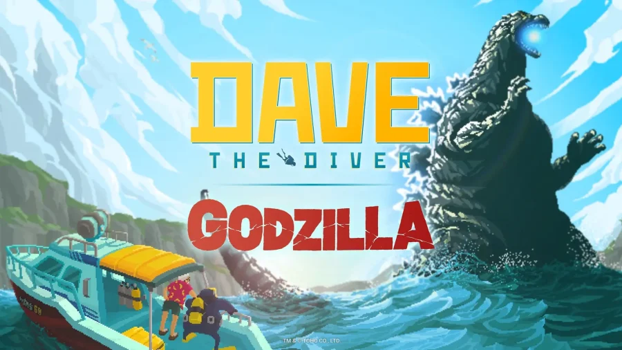 Dave the Diver and Godzilla poster showing Dave's fishing boat on the sea to the left and then Godzilla on the right