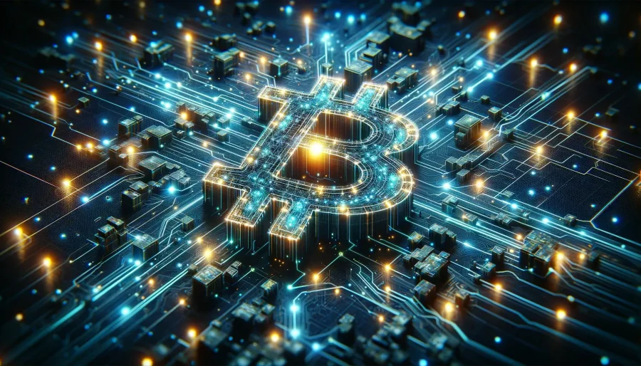 A visual representation of the Bitcoin blockchain, with glowing, interconnected blocks forming a complex network, and a bright, pulsating node at the center representing the 1 billionth transaction.