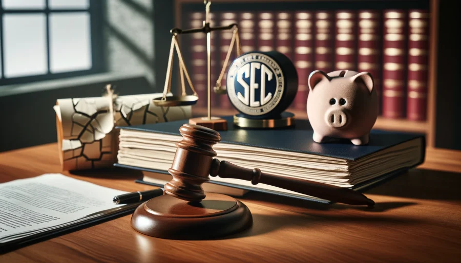 A gavel and a stack of legal documents on a wooden desk, with the SEC logo and a cracked piggy bank in the background, representing the court's decision against the SEC and the financial implications.