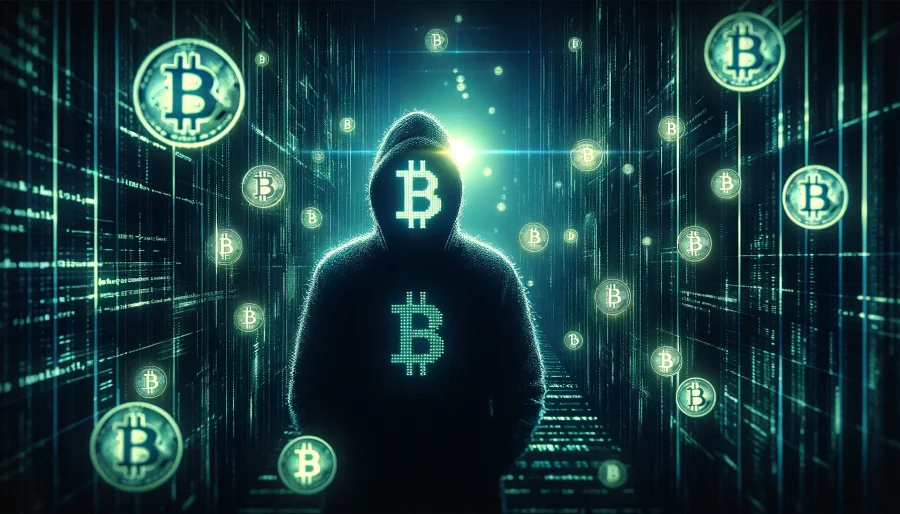 A dark, ominous digital illustration depicting a hacker's silhouette surrounded by glowing Bitcoin symbols and lines of code, highlighting the threat of cryptocurrency scams in the digital world.
