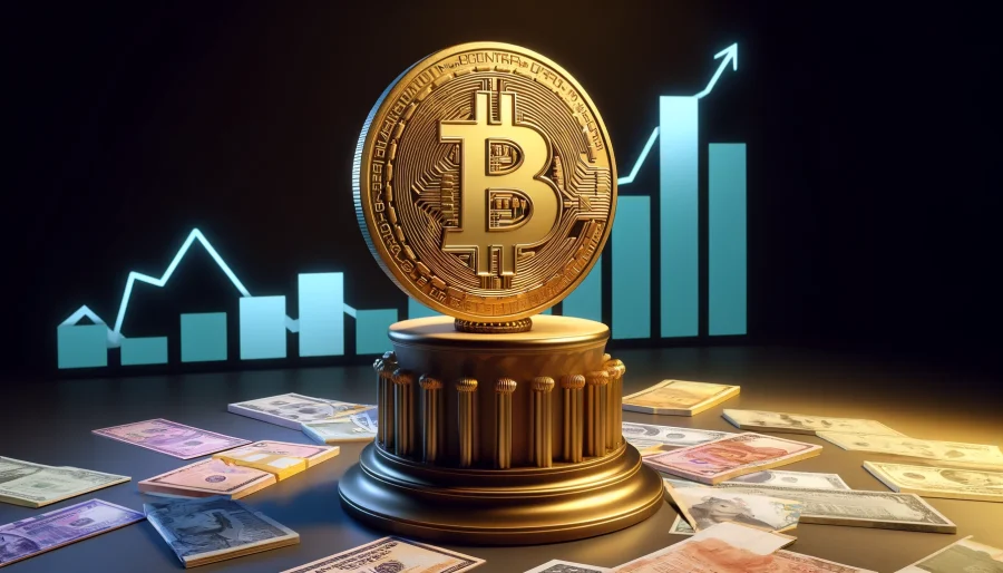 A 3D rendered golden Bitcoin symbol stands tall on a pedestal, casting a shadow over a scattered pile of fiat currency, with a graph showing an upward trend in the background. The image conveys the rising dominance of Bitcoin over traditional currencies.