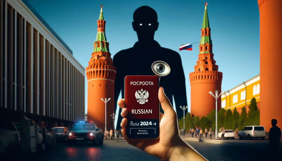 A Russian citizen holding their passport in one hand and a smartphone displaying the Russia2024 app in the other, with a backdrop of the Kremlin and a large, looming shadow of Vladimir Putin cast over the scene.