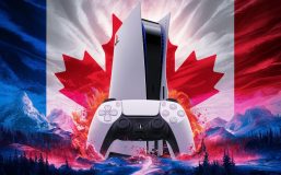 An imaginative and surreal illustration of a colossal PlayStation 5 console, emerging from a gaming controller, and boldly dominating the landscape of Canada. The massive, futuristic structure, with its signature white and black design, merges seamlessly with the Canadian flag. The console's presence casts a vibrant, radiant glow across the Canadian wilderness, transforming the environment into a mesmerizing, technicolor dreamscape., illustration