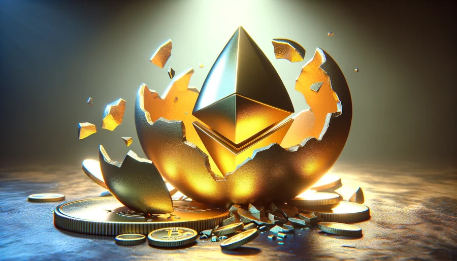 Digital gold rush: A 3D rendering of the Ethereum logo emerging from a cracked golden egg, symbolizing the potential of Ethereum ETFs as a new investment opportunity.