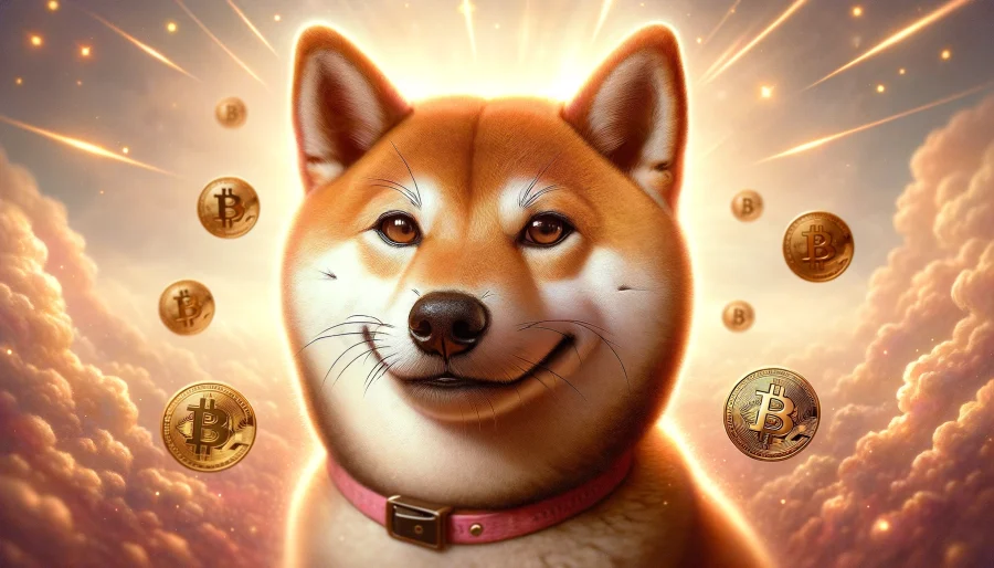 A photorealistic portrait of Kabosu the Shiba Inu dog, with her iconic skeptical and curious expression, set against a soft, dreamy background with floating Dogecoin symbols and ethereal light rays.