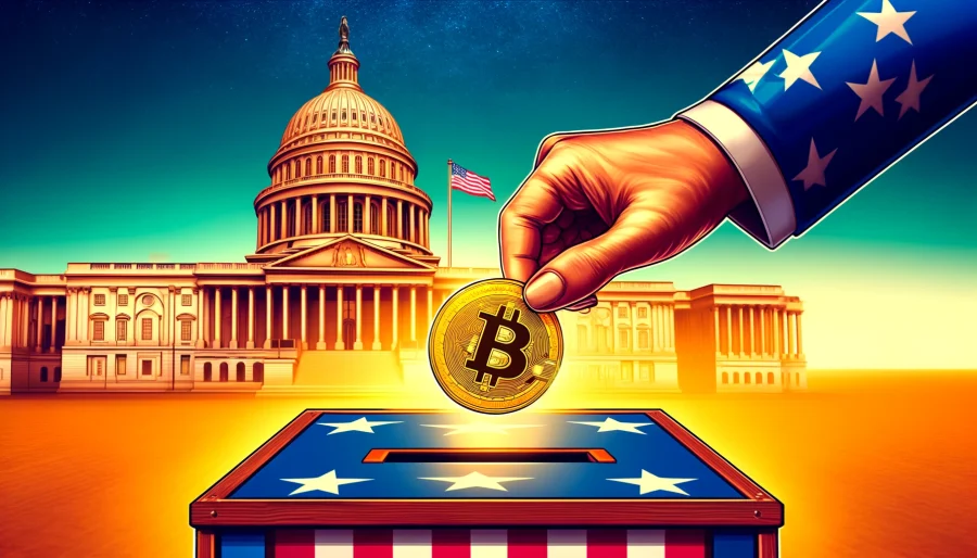 A hand approaching a voting ballot box, holding a golden cryptocurrency coin, with the American flag and the U.S. Capitol building in the background.