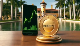 A large, shiny gold coin with "BODEN" engraved on it, standing upright on a table with a smartphone displaying a rapidly rising green candlestick chart, set against a backdrop of Mar-a-Lago resort.