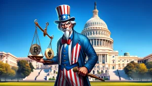 A resolute Uncle Sam figure standing tall, holding a balance scale with cryptocurrency symbols on one side and the SEC logo on the other, against a backdrop of the U.S. Capitol building.