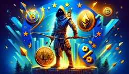 A vibrant digital illustration of a hooded figure holding a bow and arrow, surrounded by abstract representations of cryptocurrencies and a percentage bonus symbol, set against a stylized background of the European flag colors.
