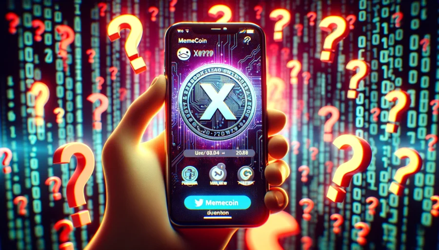 A smartphone displaying the X (formerly Twitter) app interface, with a memecoin logo on the screen, surrounded by question marks and exclamation points, set against a blurred background of binary code.