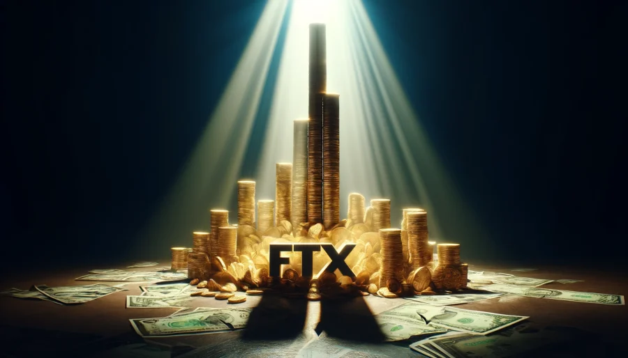 A towering stack of gold coins and dollar bills casting a shadow over a broken FTX logo, with a bright light shining from behind the money pile, symbolizing FTX's unexpected financial recovery amidst its bankruptcy.