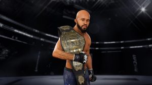 The UFC fighter Demetrious Johnson appears in UFC 3, a video game, with a championship belt slung over his right shoulder