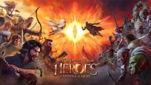  heroes of Middle Earth. A faction of heroes on the left made up of popular book characters like Aragorn, Frodo and Legolas face off against evil forces on the right of the image. In the middle of the image is the flaming eye of Sauron