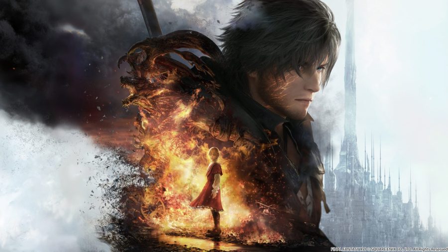 The box art for Final Fantasy 16 shows protagonist Clive Rosfield in silhouette with a firey cut out showing a girl.