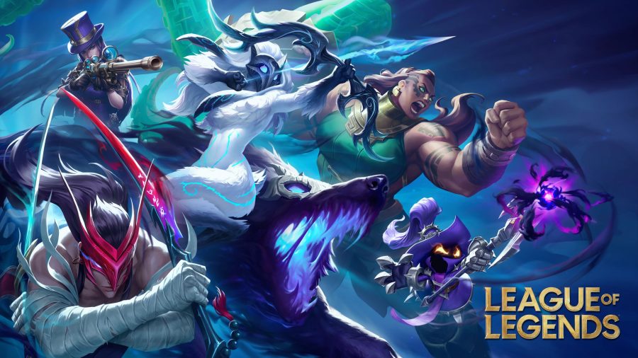 Key art from Riot Games' League of Legends. On the left of the image several Champions are seen charging forward. In the bottom right is the League of Legends logo.