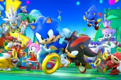 Sonic the Hedgehog and other characters from the franchise all running forward towards an iconic gold ring in the foreground.