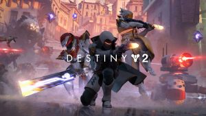 Key art from Destiny 2 featuring several Guardians in battle formation. The Destiny 2 logo is splashed across them.