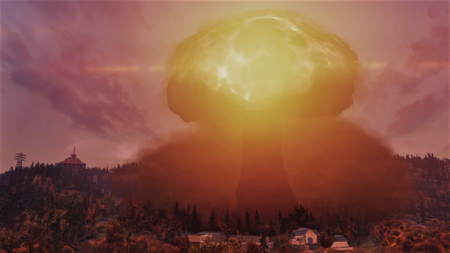 A nuclear mushroom cloud in the game Fallout 76.