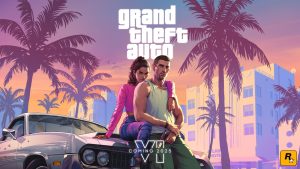 two protagonists from grand theft auto 6 sit on the bonnet of a car which has bullet holes in the side. in the background is a pink and orange landscape of a warm city at sunset. there are palm trees. at the top it says grand theft auto and at the bottom it says VI coming 2025. the rockstar logo is in the bottom right corner.