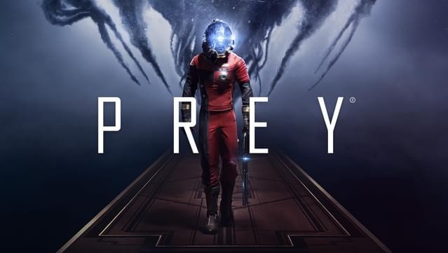 Key art from the video game Prey. The protagonist is in the foreground with a large and menacing alien entity behind him. The logo Prey is emblazoned across the middle