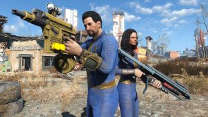 Two Fallout 4 characters stand back to back, wielding large weapons with a broken down house in the background