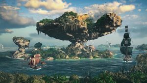 a screenshot of an island from skull and bones with ships sailing around it