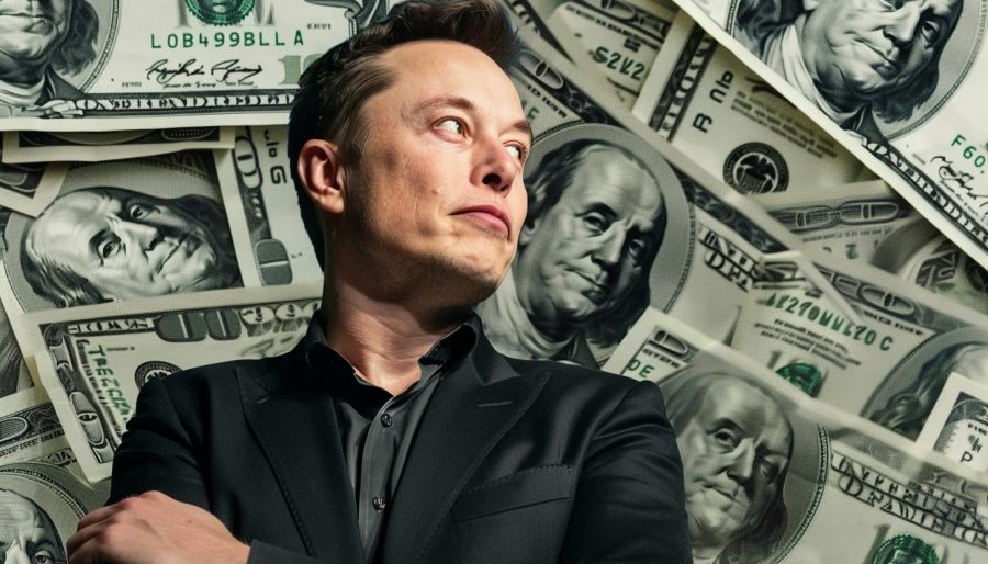 elon musk in front of a background of dollar bills