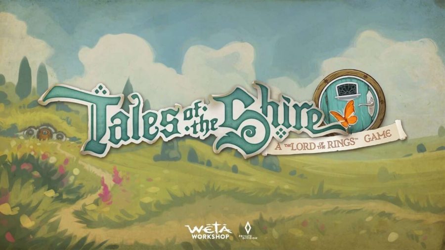 Logo art for Tales of the Shire. In the background is a meadow with a winding path leading to a Hobbit hole. The sky is blue with some white fluffy clouds and the grass is green. The Tales of the Shire logo is emblazoned across the middle of the image.