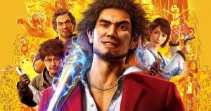 Key art for Yakuza Like A Dragon. The main character is in the foreground with an electrified baseball bat and a red suit. Several others are in the background, with a yellow backsplash.