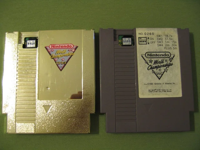 ebay auction image showing two Nintendo Entertainment System cartridges for the Nintendo World Championships, a multistate esports promotion staged in 1990