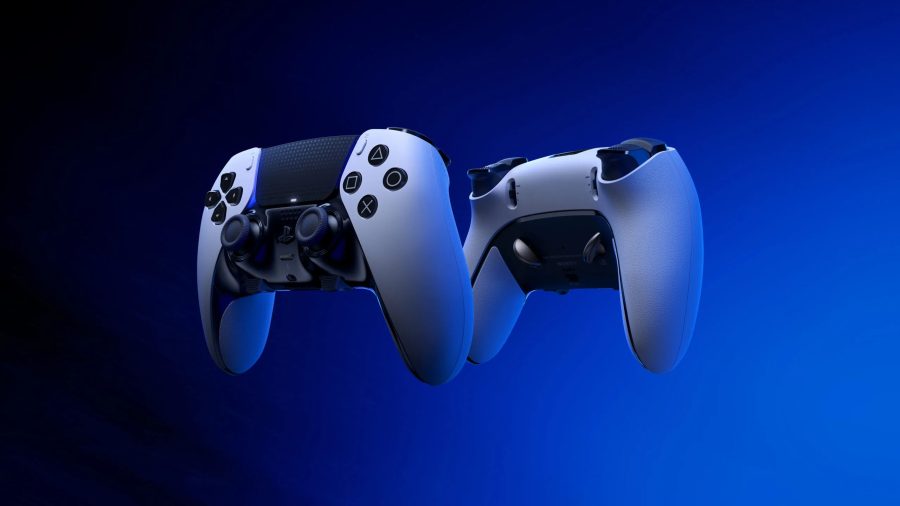 promotional image of the PlayStation 5's dualsense controller showing both the front and back of the gamepad