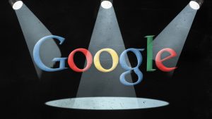 A google logo on a black background with spotlights shone on it. Sinister in tone., poster, vibrant