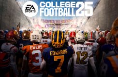 key art for EA Sports College Football 25 showing a variety of players, in different uniforms, walking out of a stadium tunnel to take the field