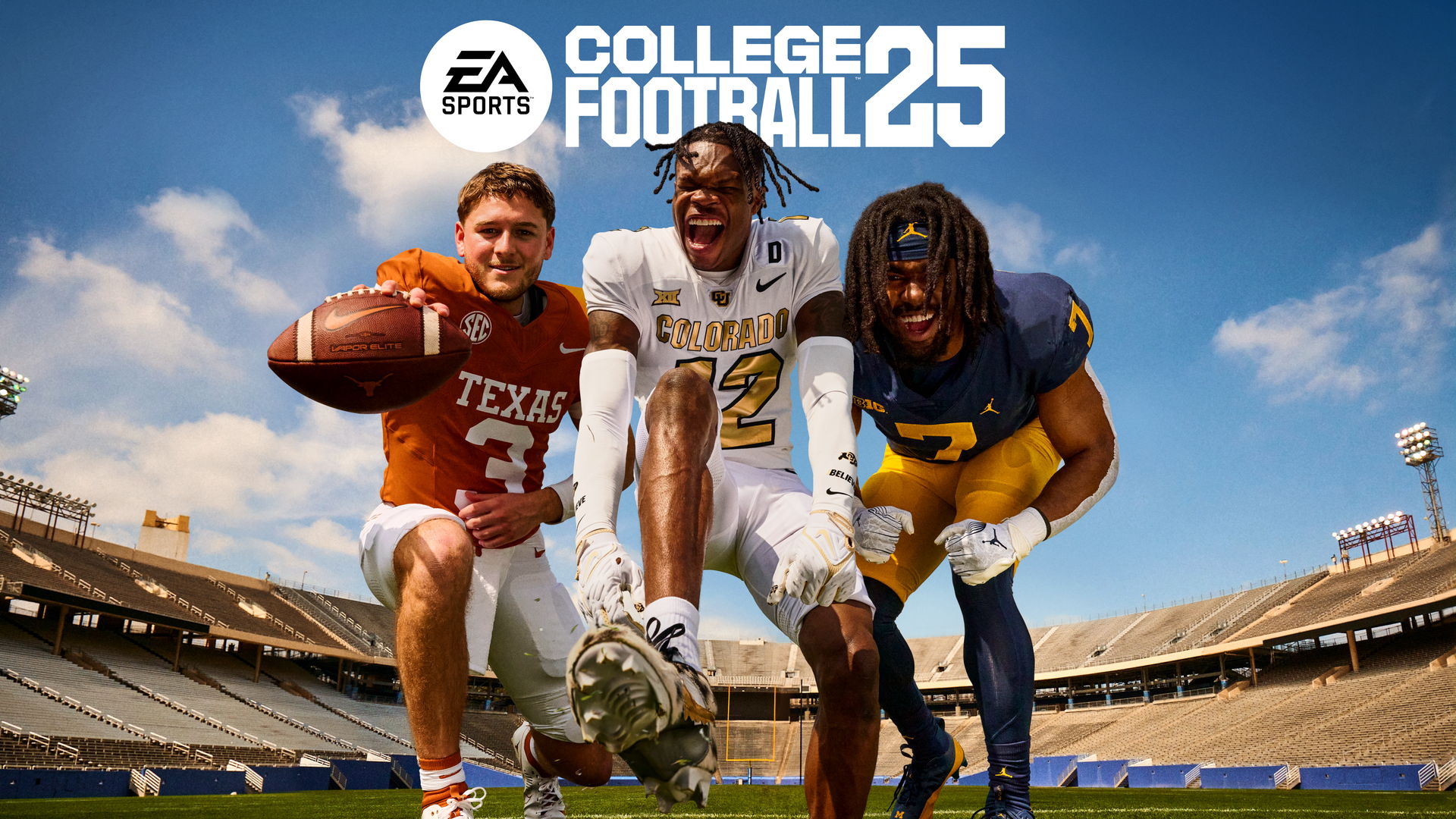 Quinn Ewers, Travis Hunter, and Donovan Edwards, in their respective Texas, Colorado and Michigan uniforms, in a promotional image for EA Sports College Football 25