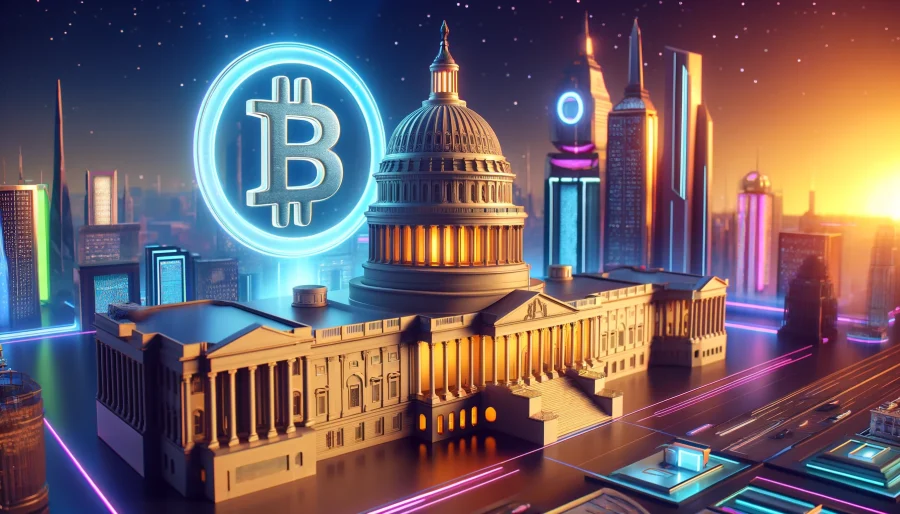 A 3D rendering of the U.S. Capitol building with a large Bitcoin symbol hovering above it, set against a futuristic cityscape background.
