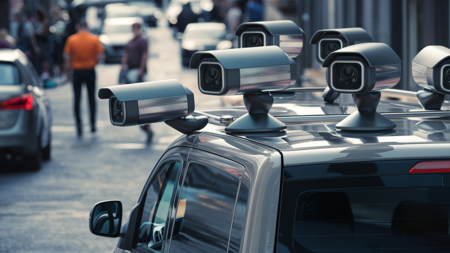 AI image of facial recognition cameras on top of a vehicle